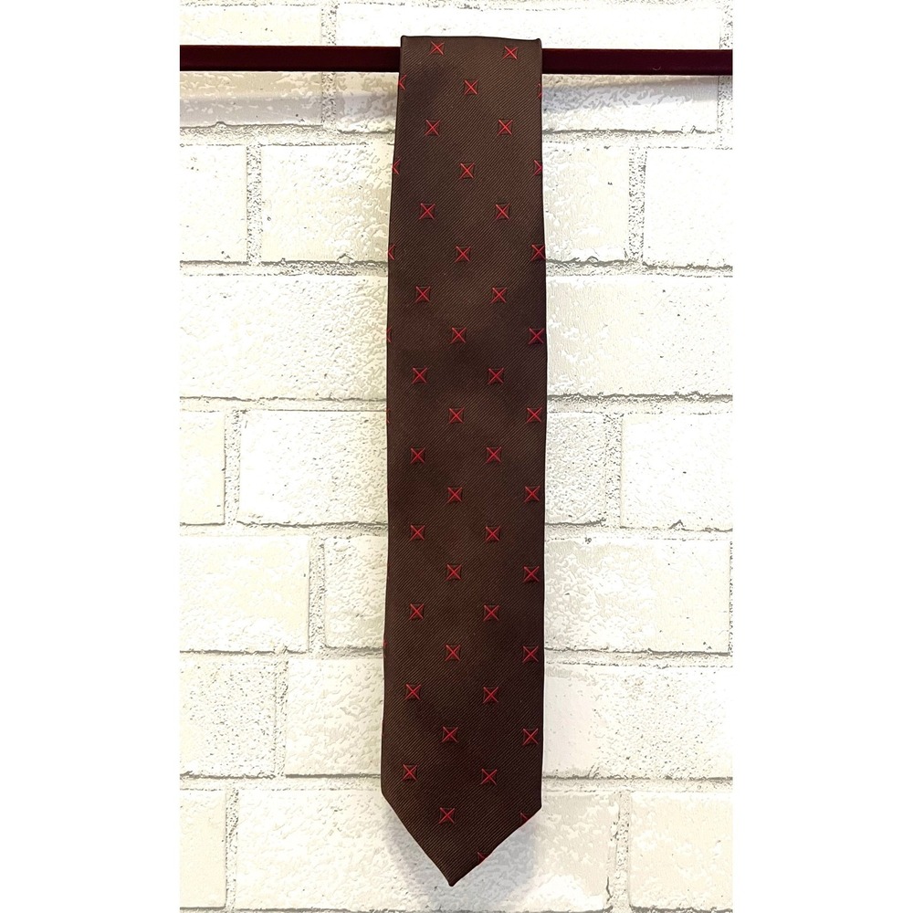 Peter Millar Mens Necktie Brown Red Embroidered Cross Pattern Silk Hand Folded